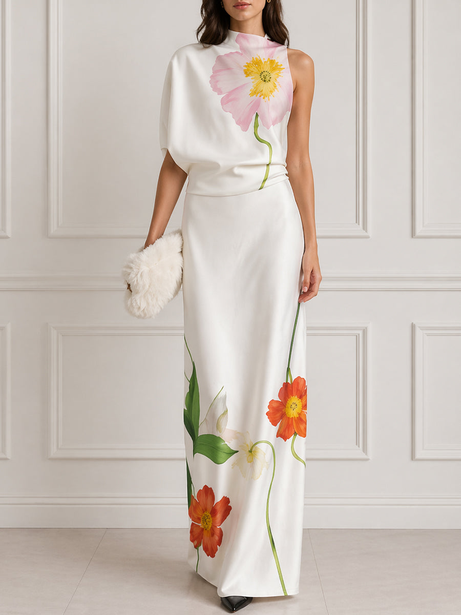 Asymmetric One-Shoulder Floral Print Maxi Dress