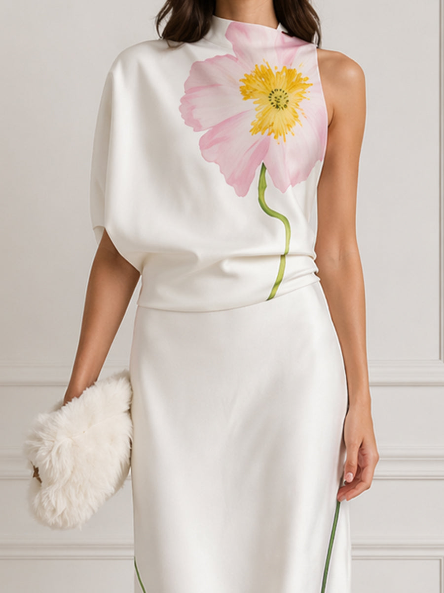Asymmetric One-Shoulder Floral Print Maxi Dress