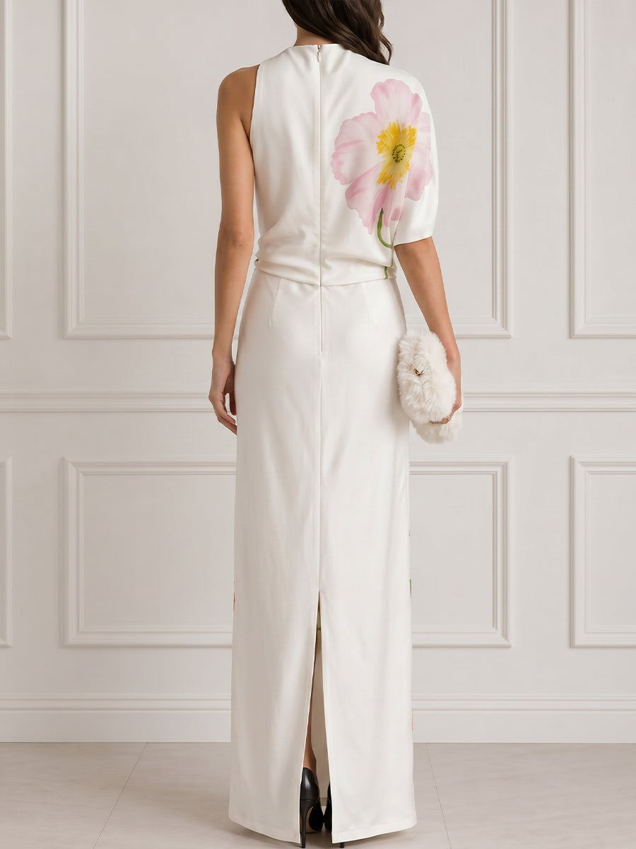 Asymmetric One-Shoulder Floral Print Maxi Dress