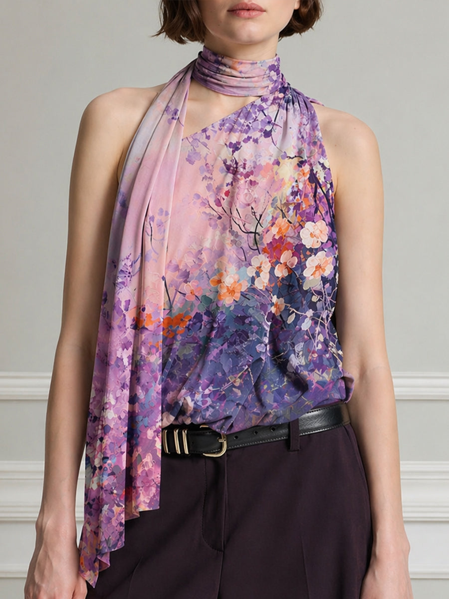 Floral Print Draped Halter Scarf-Neck Sleeveless Top