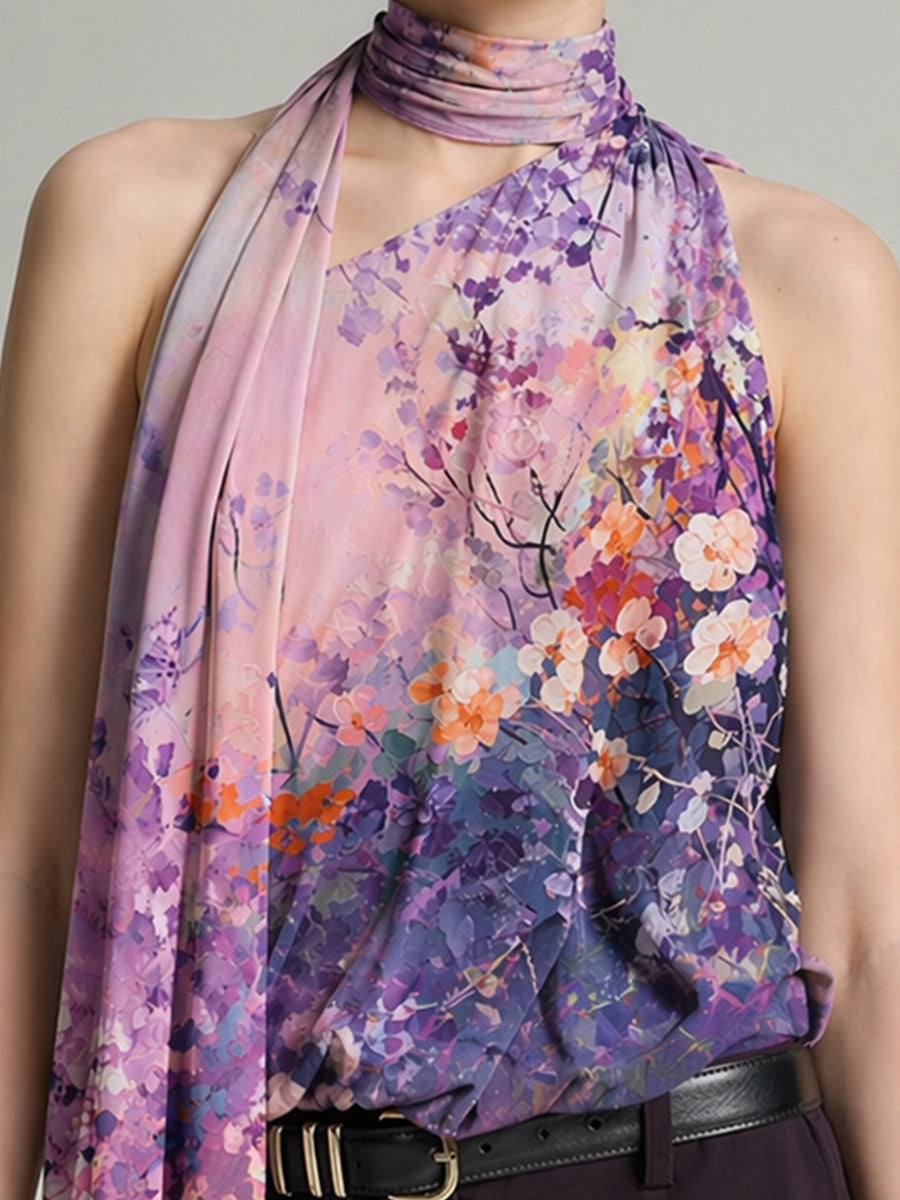 Floral Print Draped Halter Scarf-Neck Sleeveless Top