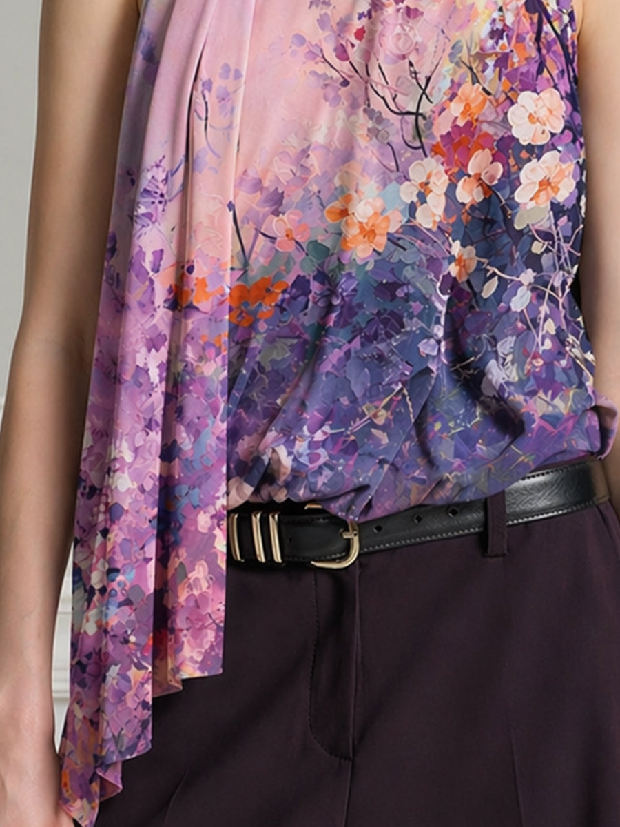 Floral Print Draped Halter Scarf-Neck Sleeveless Top