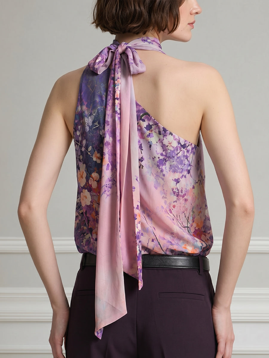 Floral Print Draped Halter Scarf-Neck Sleeveless Top