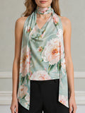 Floral Print Draped Halter Scarf-Neck Sleeveless Top