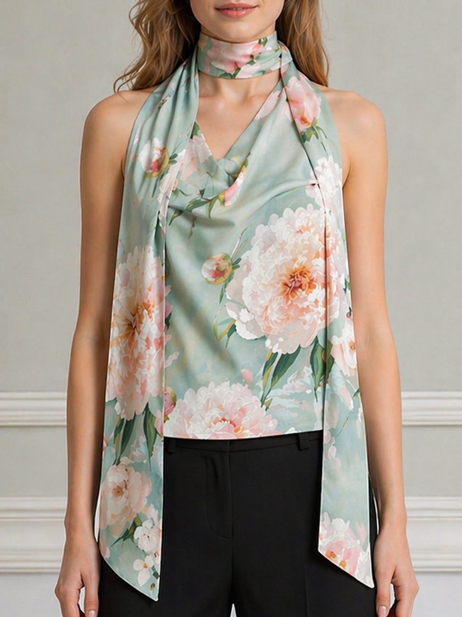 Floral Print Draped Halter Scarf-Neck Sleeveless Top