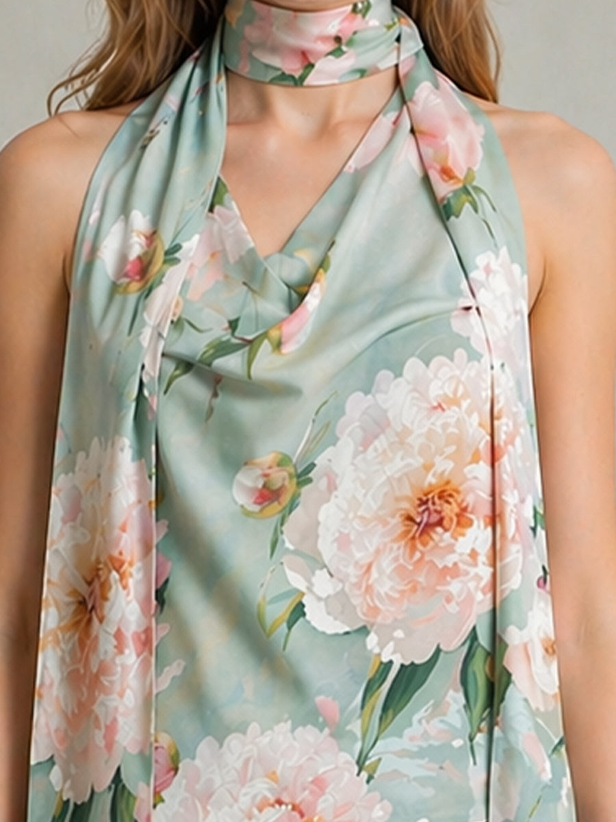 Floral Print Draped Halter Scarf-Neck Sleeveless Top