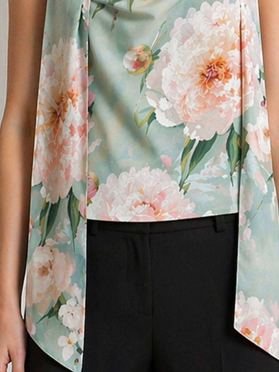 Floral Print Draped Halter Scarf-Neck Sleeveless Top