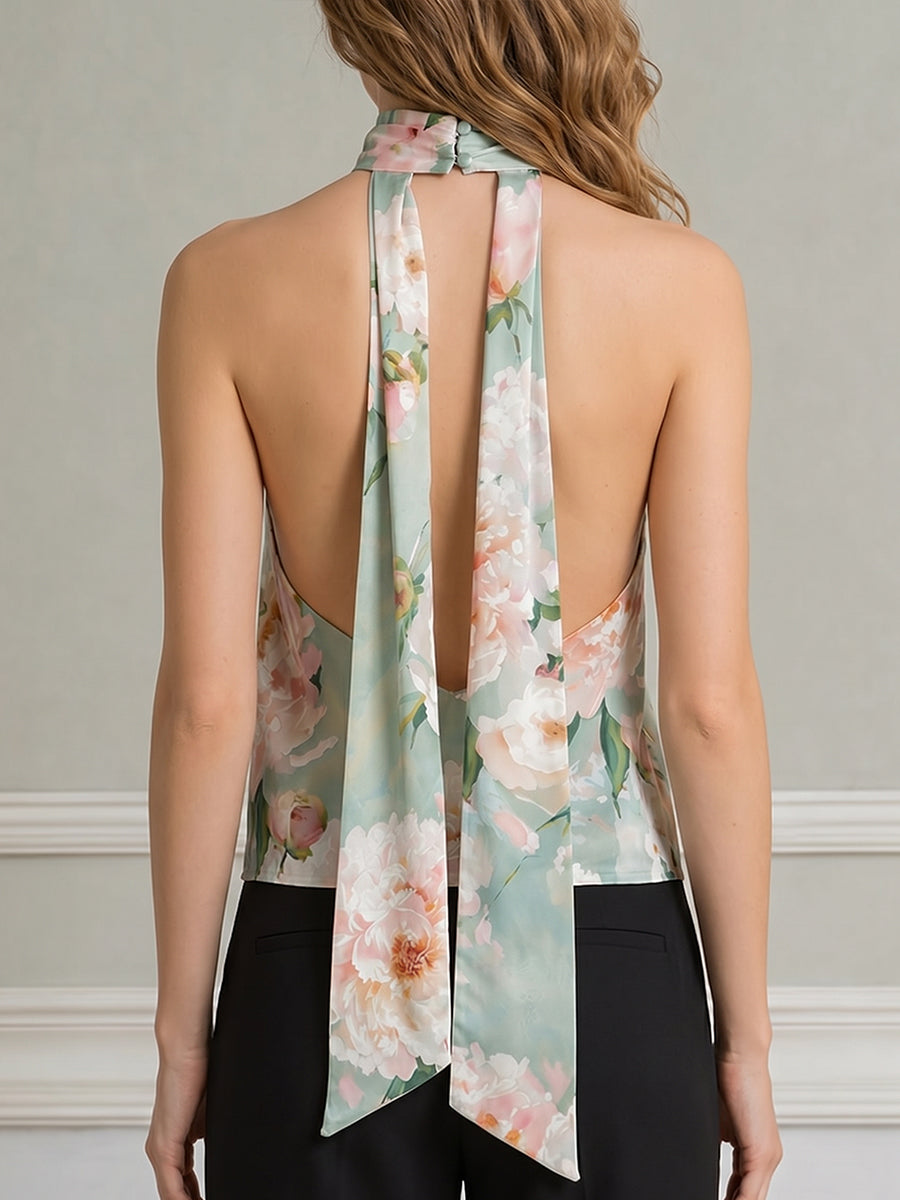 Floral Print Draped Halter Scarf-Neck Sleeveless Top
