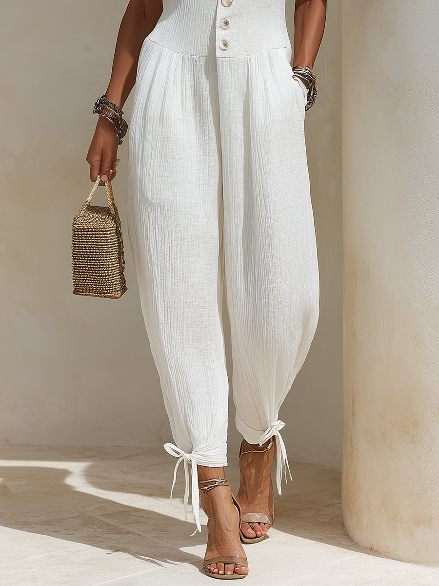 Stylish Washed Cotton Knotted Lantern Jumpsuit