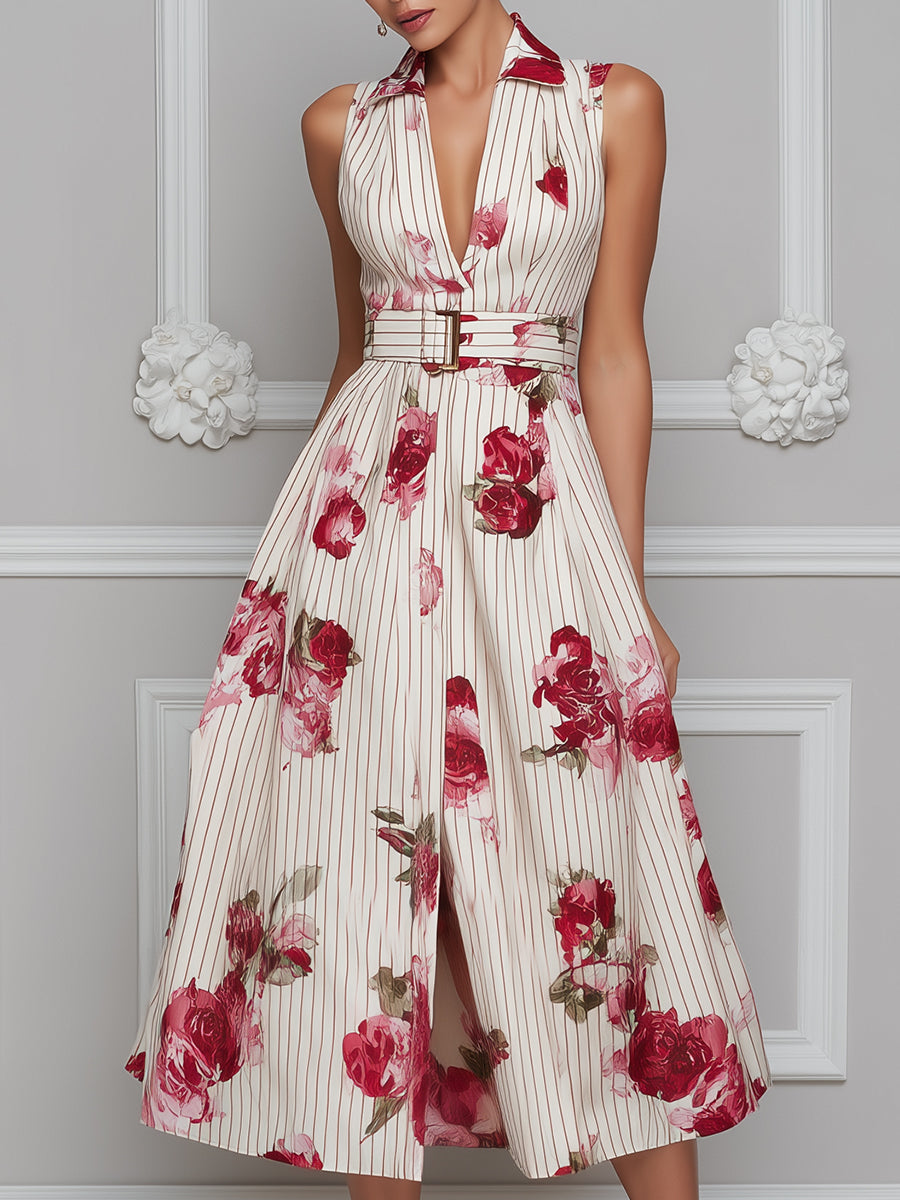 Floral Print Pinstripe Belted Sleeveless A-Line Midi Dress