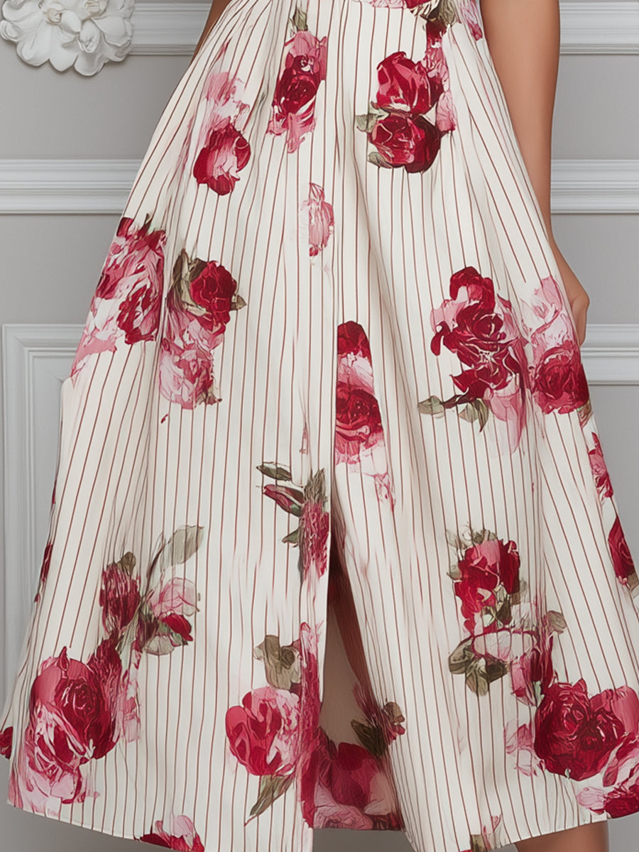 Floral Print Pinstripe Belted Sleeveless A-Line Midi Dress