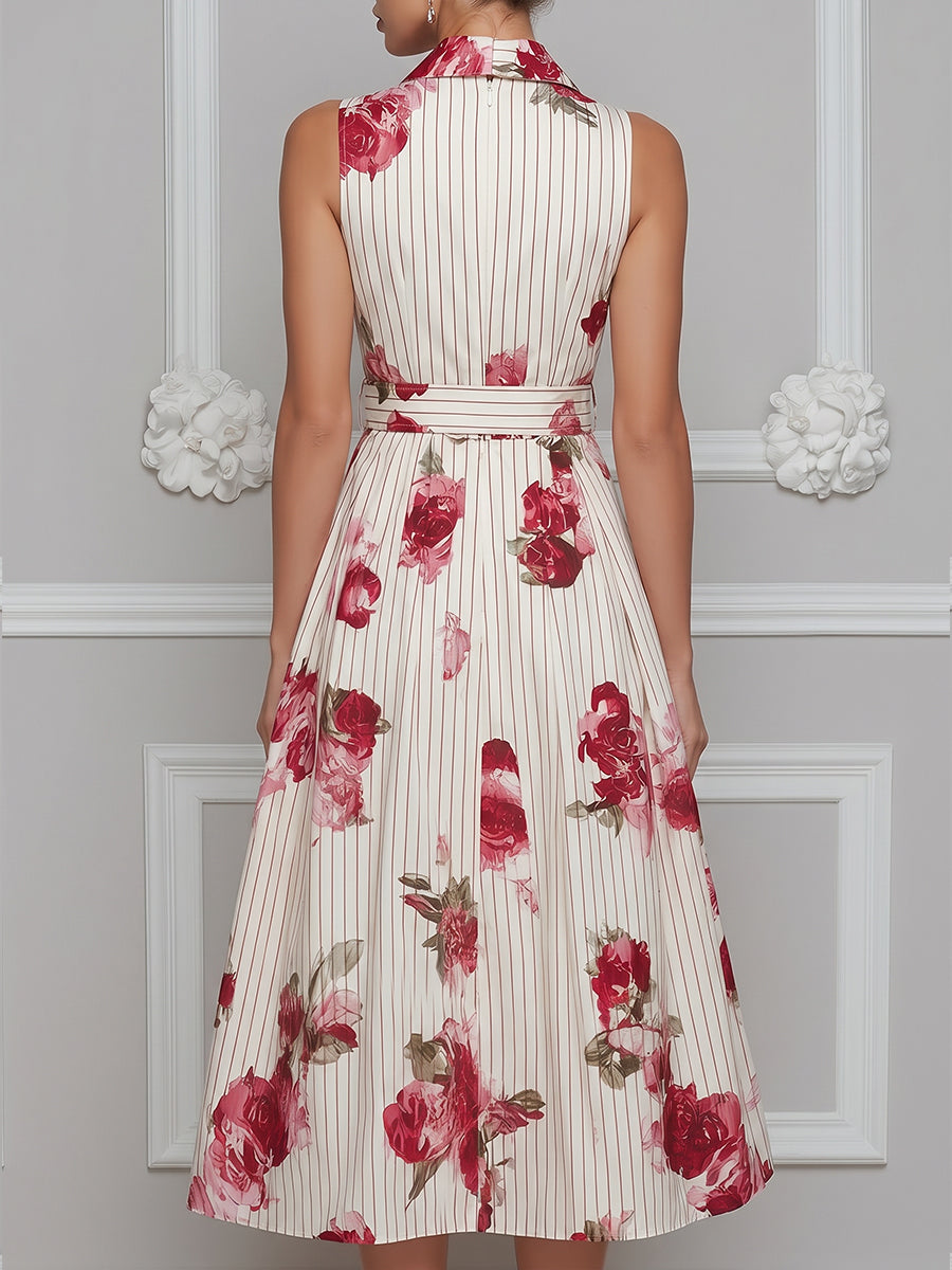 Floral Print Pinstripe Belted Sleeveless A-Line Midi Dress