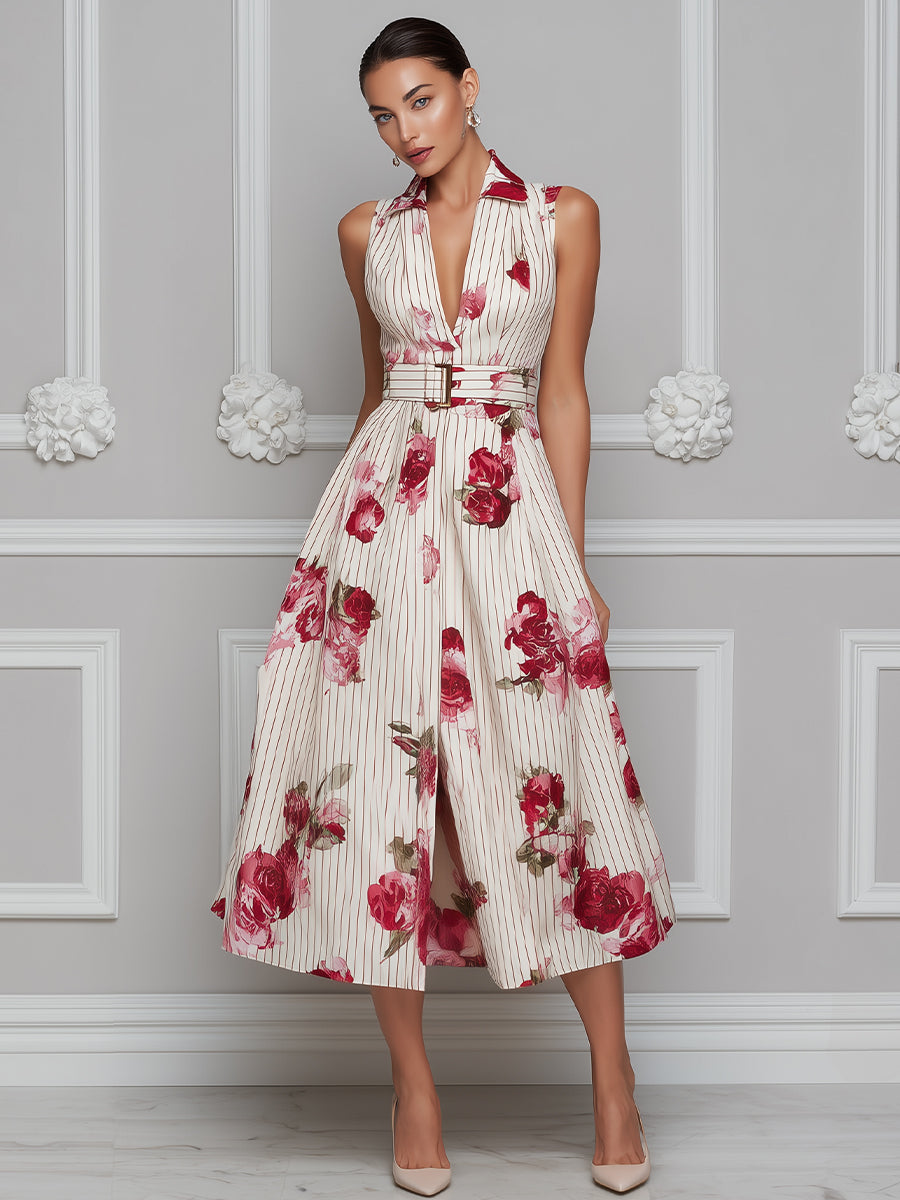 Floral Print Pinstripe Belted Sleeveless A-Line Midi Dress