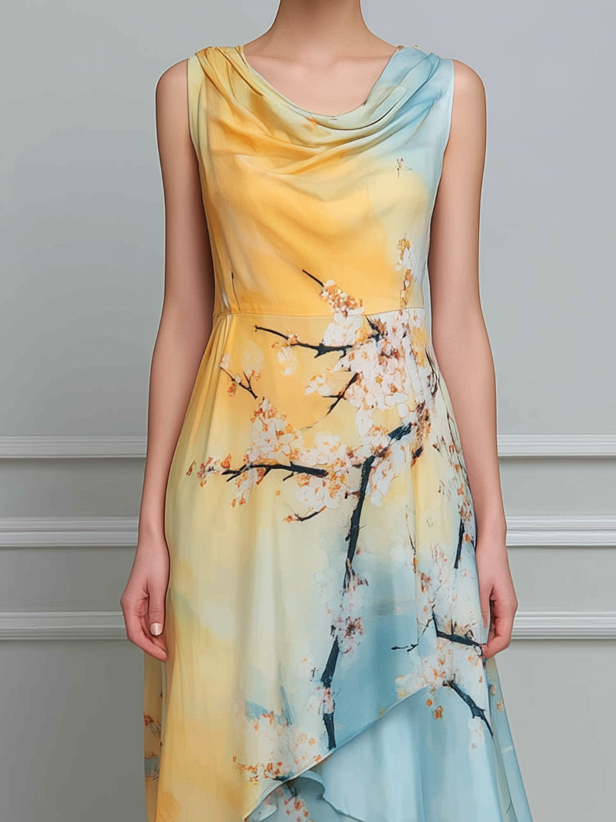Floral Print Draped Cowl-Neck Asymmetric Hem Midi Dress