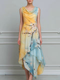 Floral Print Draped Cowl-Neck Asymmetric Hem Midi Dress