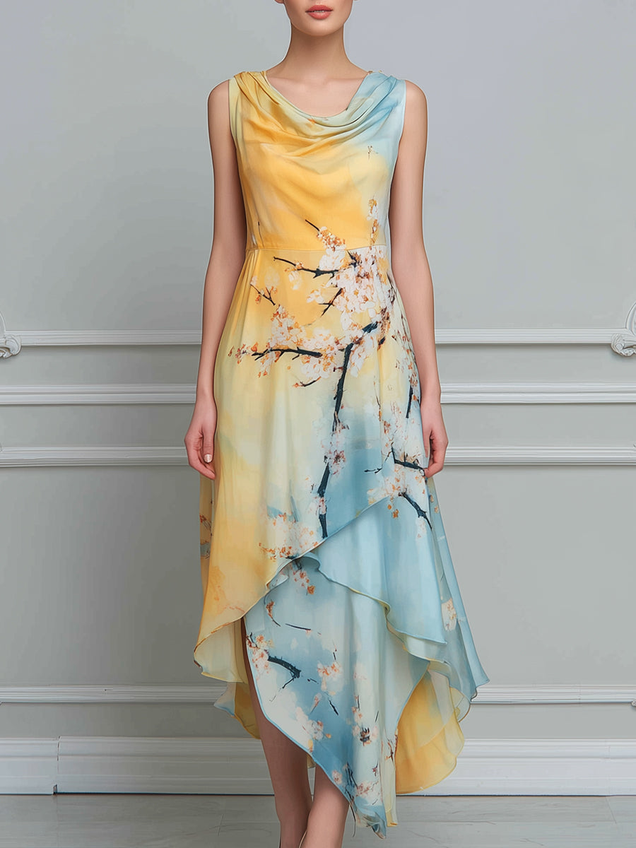 Floral Print Draped Cowl-Neck Asymmetric Hem Midi Dress
