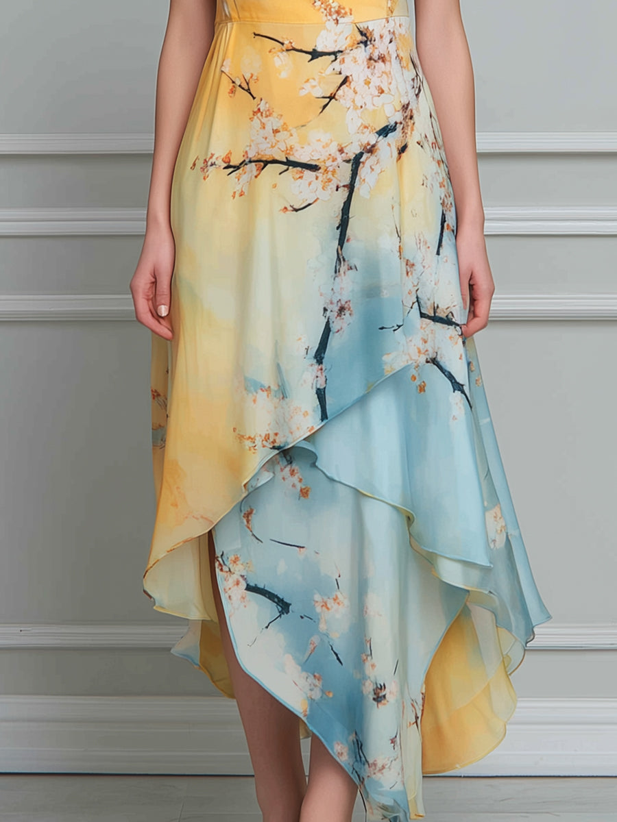 Floral Print Draped Cowl-Neck Asymmetric Hem Midi Dress