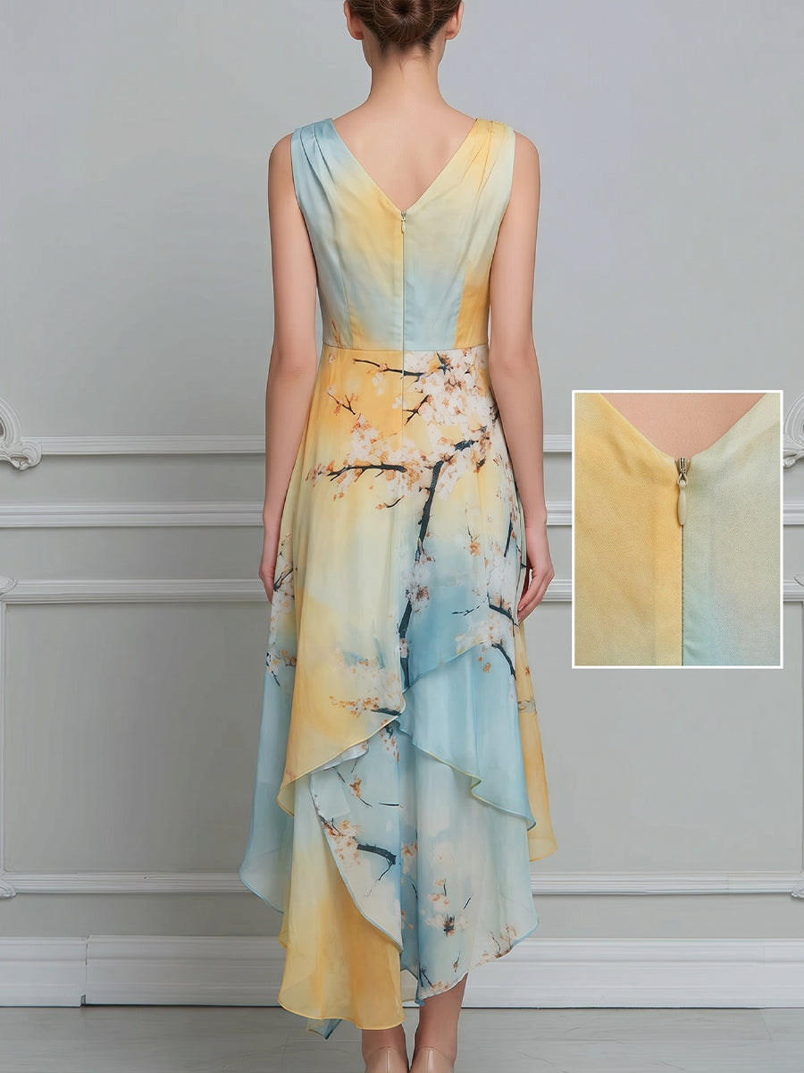 Floral Print Draped Cowl-Neck Asymmetric Hem Midi Dress