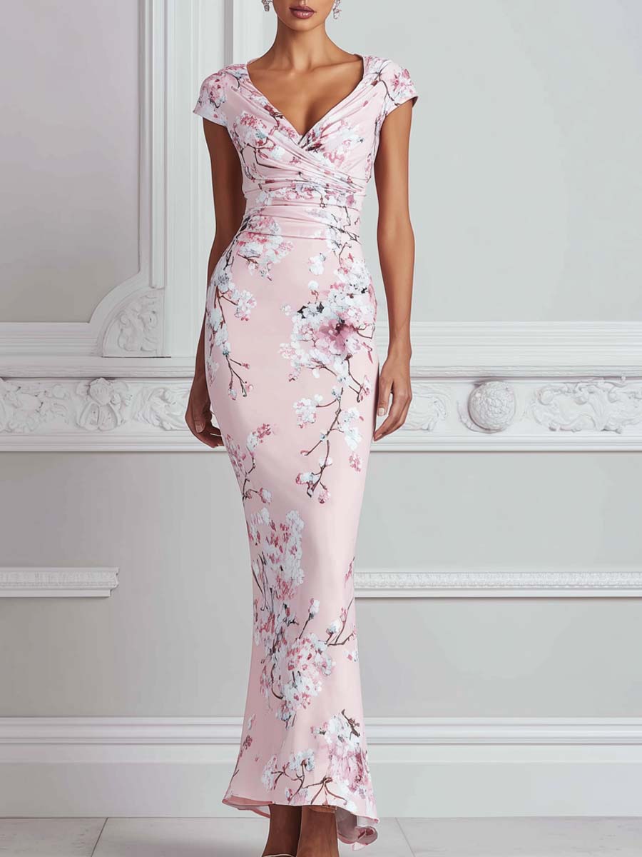 Pink Cherry Blossom Print Wrap V-neck Mermaid Maxi Dress