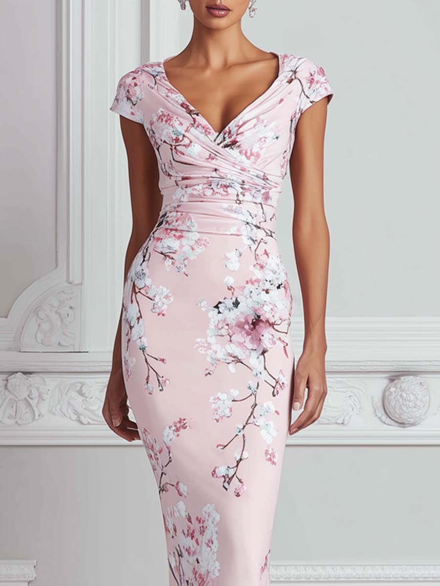 Pink Cherry Blossom Print Wrap V-neck Mermaid Maxi Dress