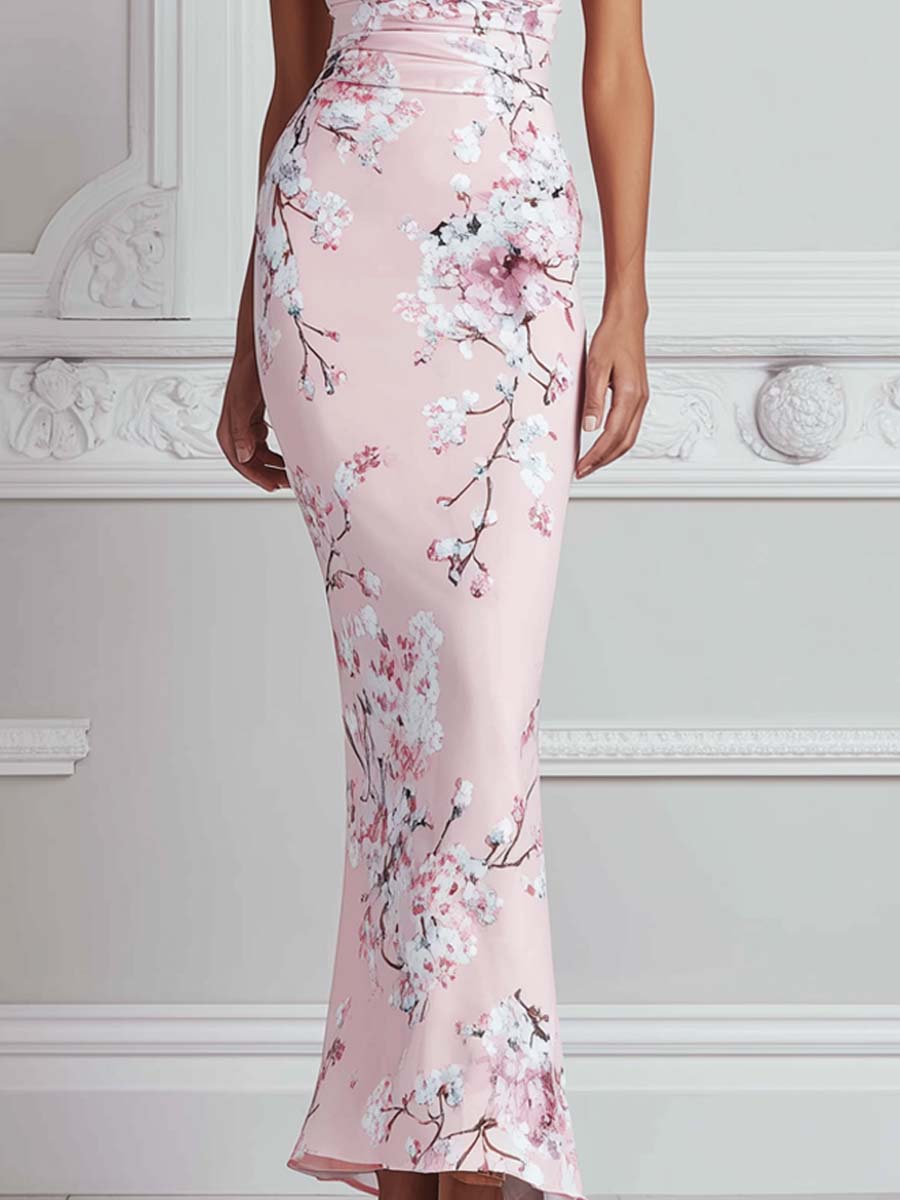 Pink Cherry Blossom Print Wrap V-neck Mermaid Maxi Dress