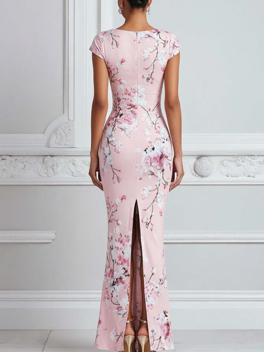 Pink Cherry Blossom Print Wrap V-neck Mermaid Maxi Dress