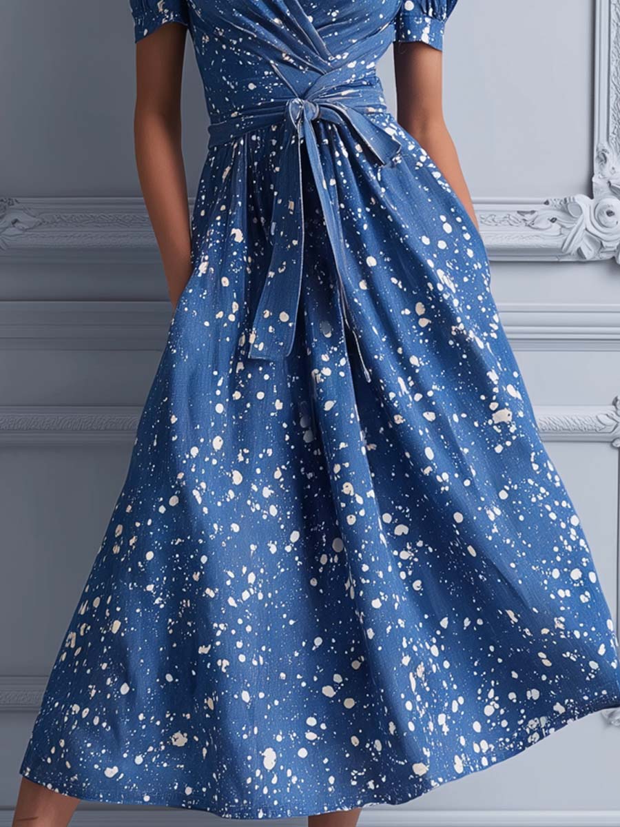 Blue Splash Print Puff Sleeve Wrap Midi Dress