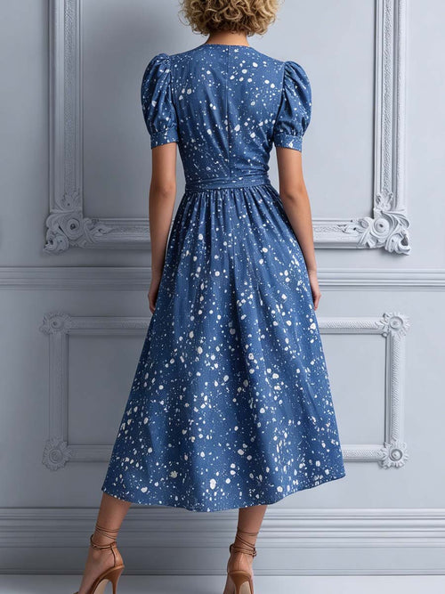 Blue Splash Print Puff Sleeve Wrap Midi Dress