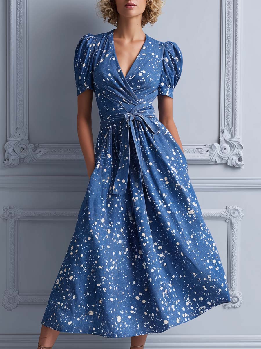Blue Splash Print Puff Sleeve Wrap Midi Dress