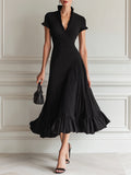 Classic Ruffled Stand-Collar Pleated Midi Dress