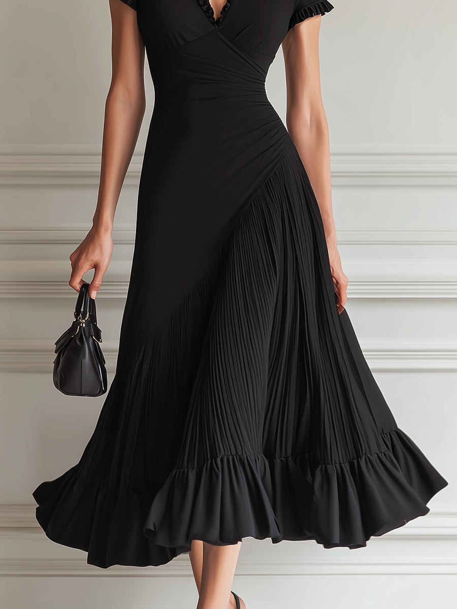 Classic Ruffled Stand-Collar Pleated Midi Dress