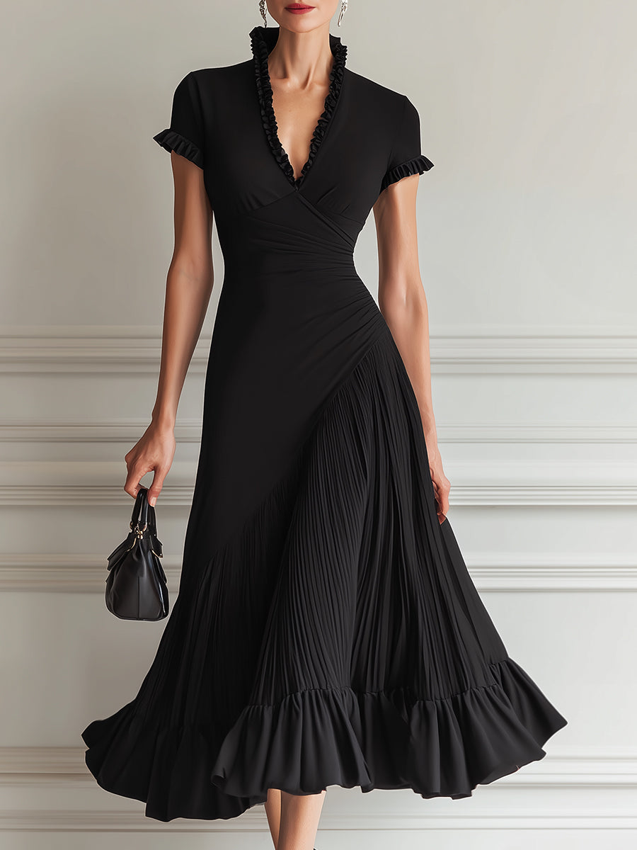 Classic Ruffled Stand-Collar Pleated Midi Dress