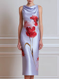 Satin Cowl Neck Floral Print Fitted Midi Dress