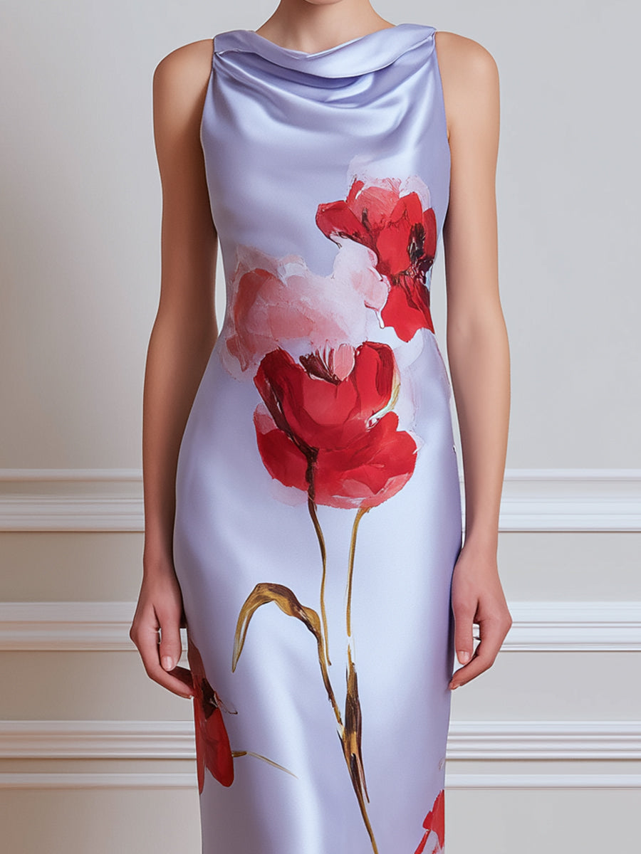 Satin Cowl Neck Floral Print Fitted Midi Dress