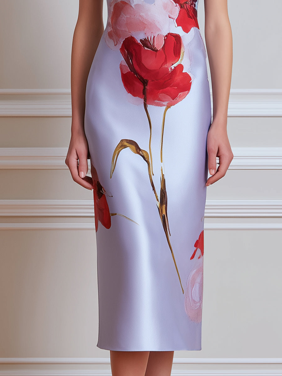 Satin Cowl Neck Floral Print Fitted Midi Dress