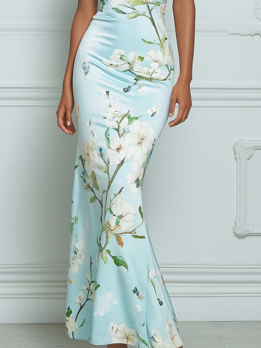 Elegant Light Blue Floral Print Satin Cap Sleeve Midi Dress