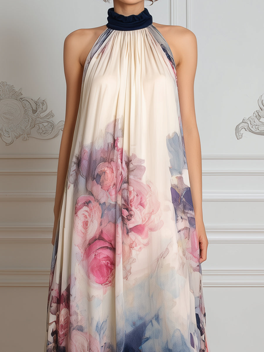 Flowing Halter Neck Printed Pleated Maxi Dress