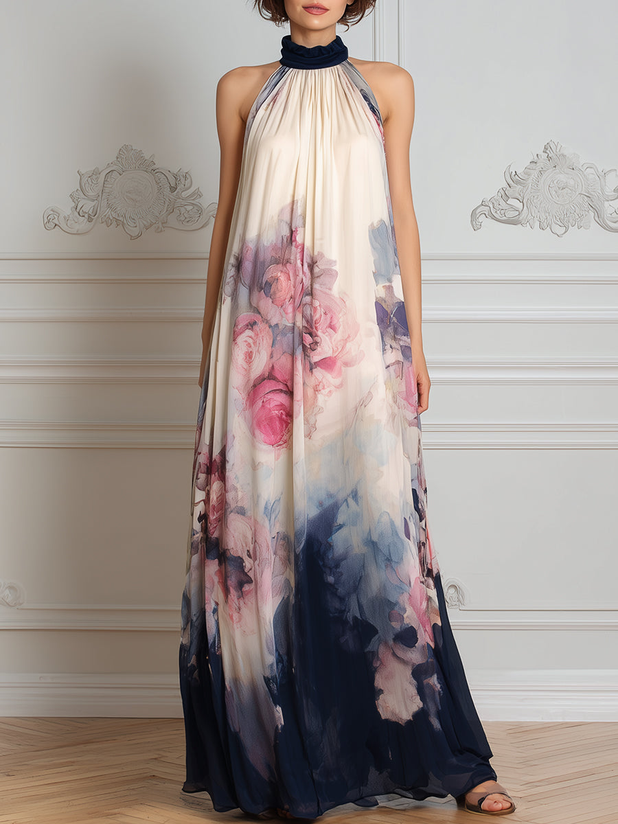 Flowing Halter Neck Printed Pleated Maxi Dress