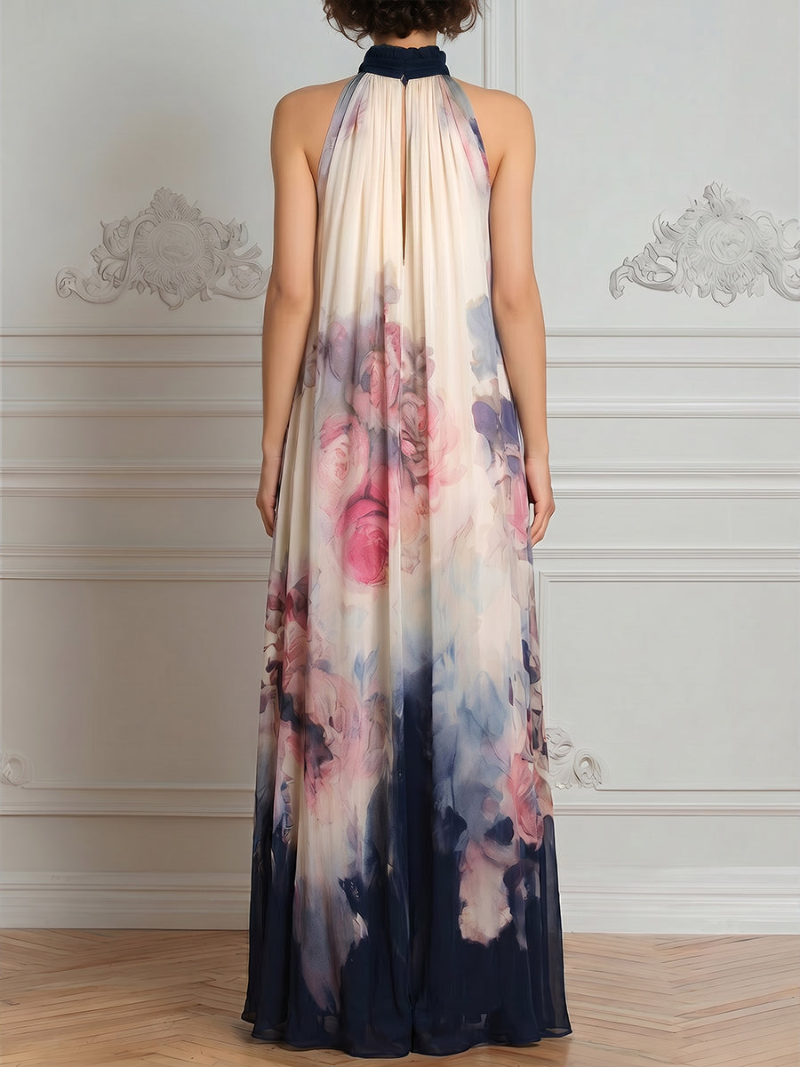 Flowing Halter Neck Printed Pleated Maxi Dress