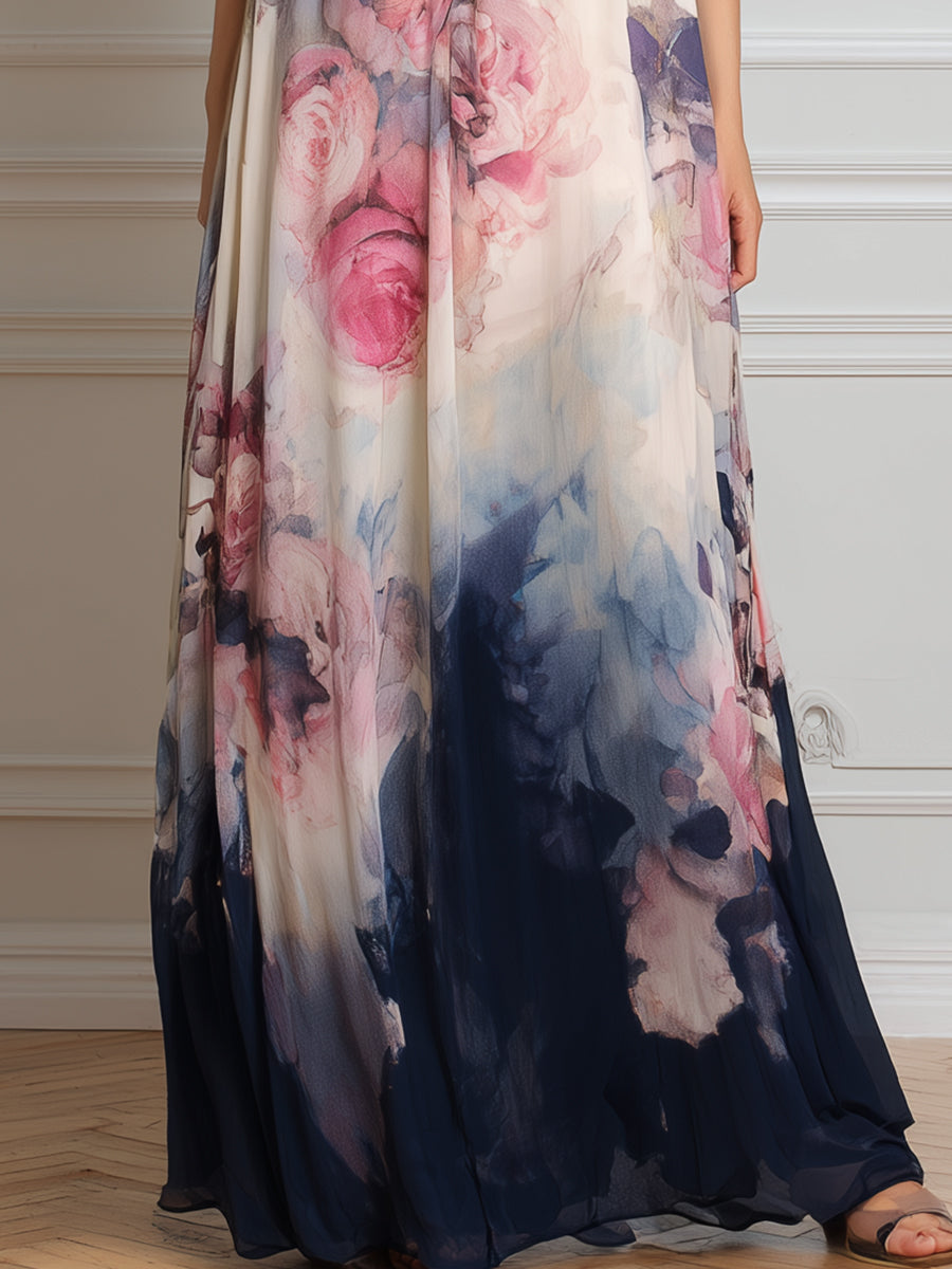 Flowing Halter Neck Printed Pleated Maxi Dress