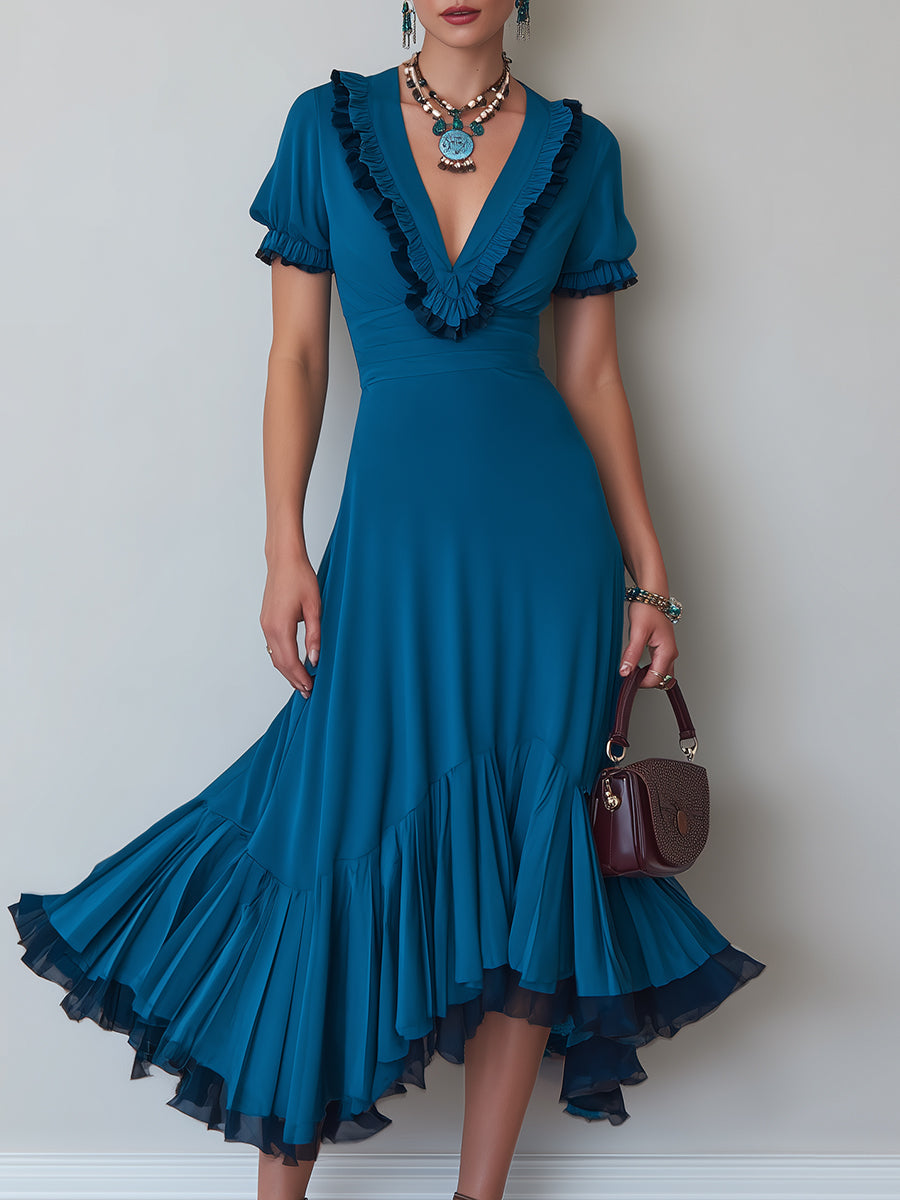 French-Style Contrast-Trim Ruffled Midi Dress