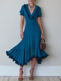 French-Style Contrast-Trim Ruffled Midi Dress