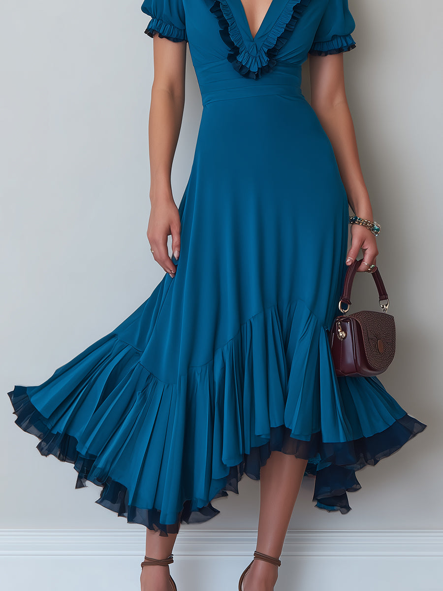 French-Style Contrast-Trim Ruffled Midi Dress