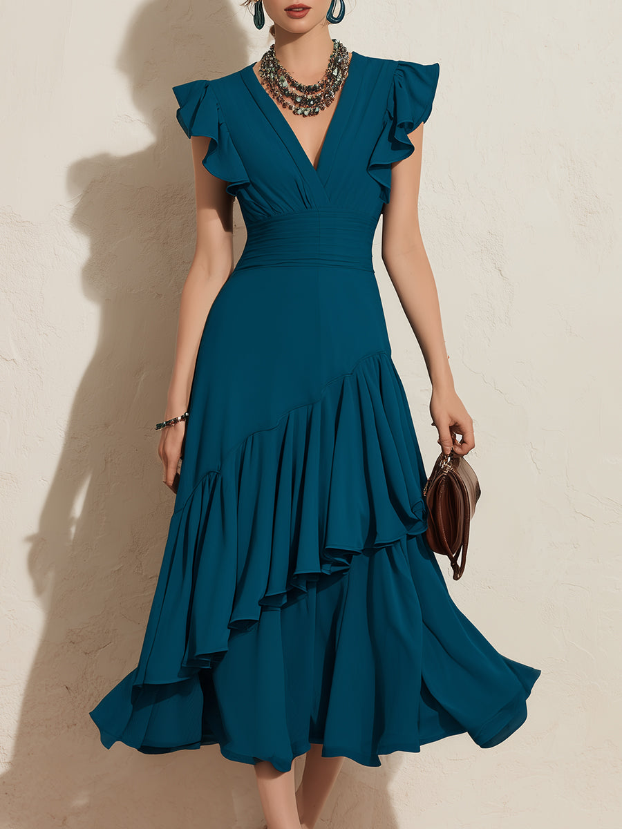 Elegant Ruffle-Trimmed A-Line Midi Dress