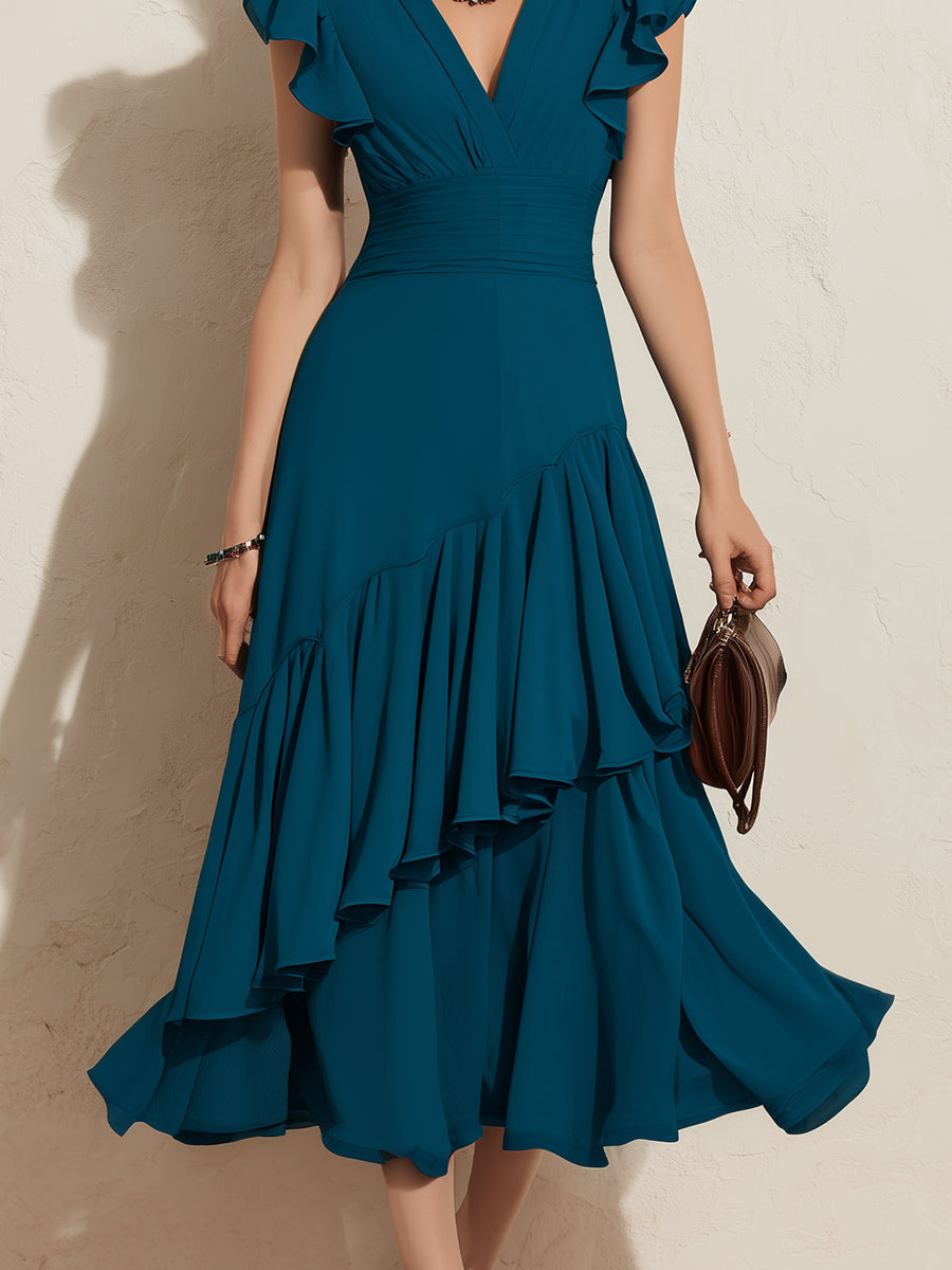 Elegant Ruffle-Trimmed A-Line Midi Dress