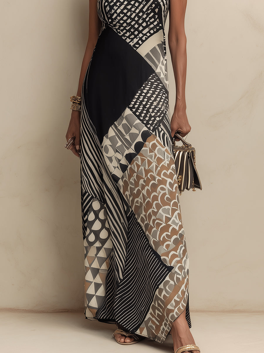 Scarf-Print Mock-Neck Maxi Dress With Side Slits