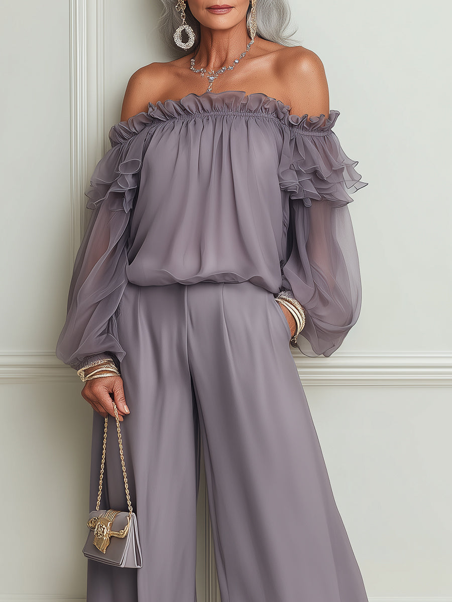 Elegant Ruffled Off-Shoulder Chiffon Blouse & Wide-Leg Pants Set