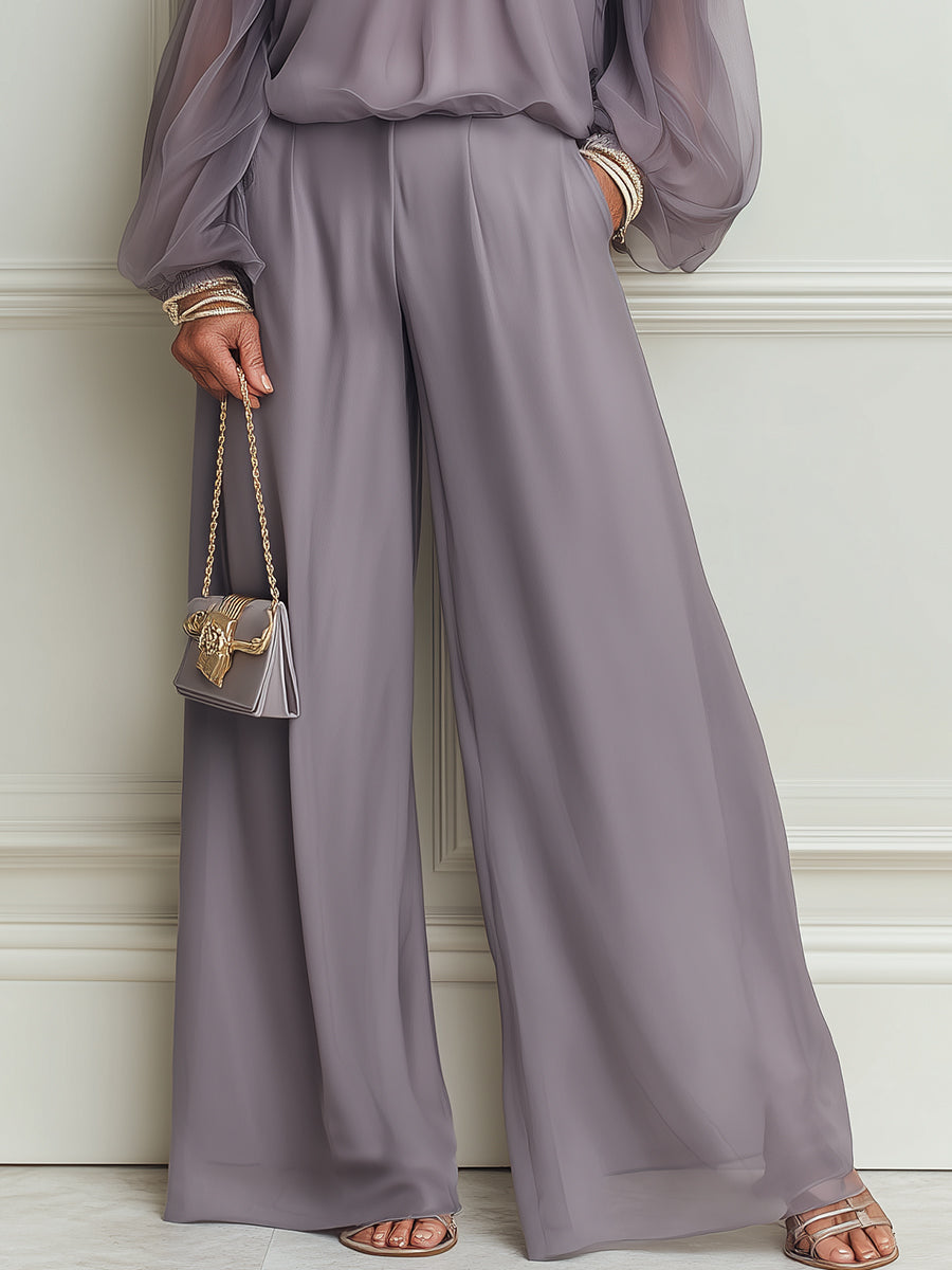 Elegant Ruffled Off-Shoulder Chiffon Blouse & Wide-Leg Pants Set