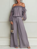 Elegant Ruffled Off-Shoulder Chiffon Blouse & Wide-Leg Pants Set