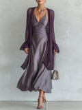 Elegant Satin Fishtail Dress & Ruffled-Sleeve Knit Cardigan Set
